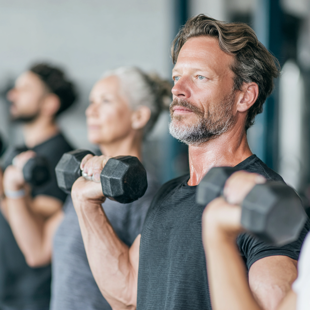 Experienced fitness instructor demonstrating proper form for strength training exercise to middle-aged adults