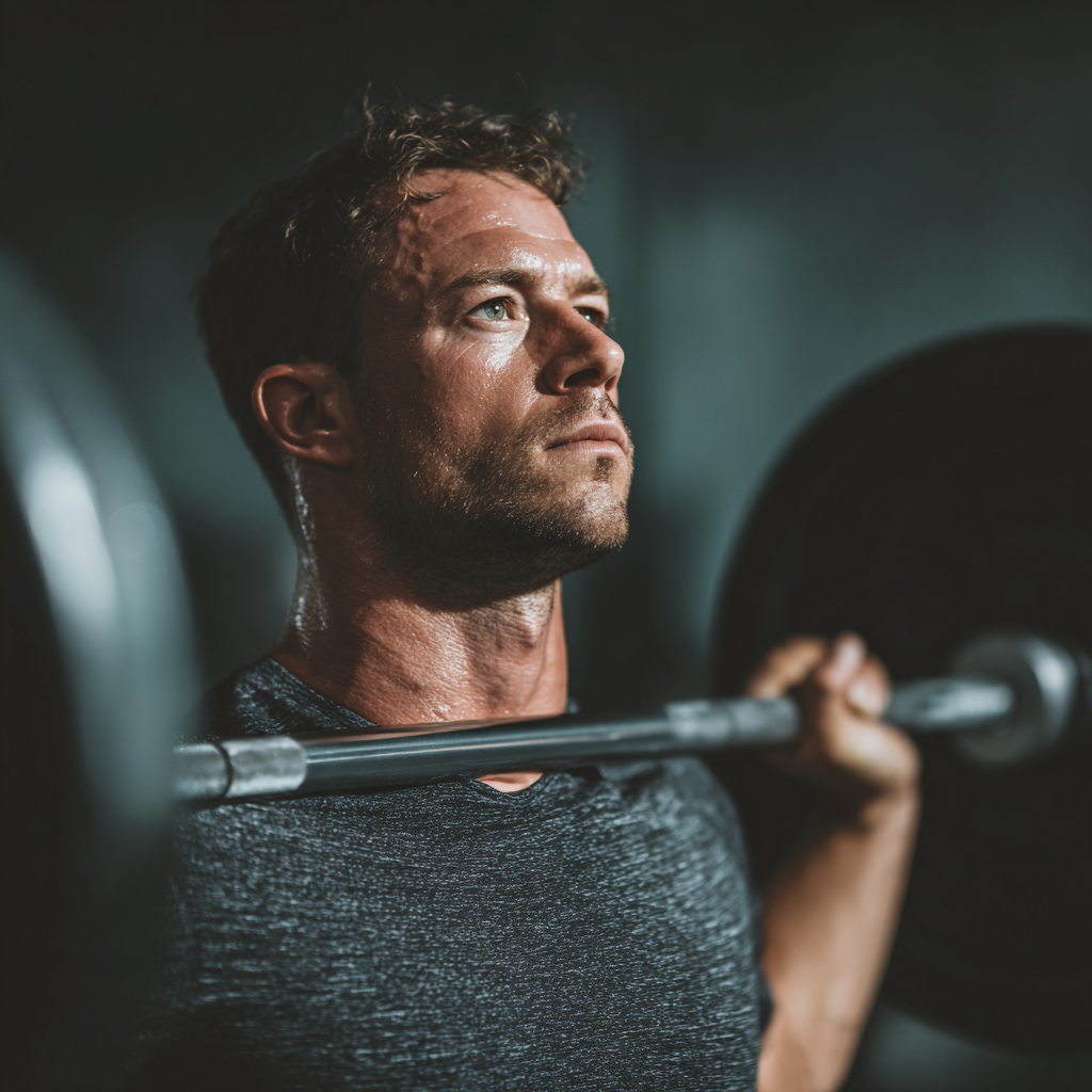 Focused athlete doing strength training in modern gym with determination