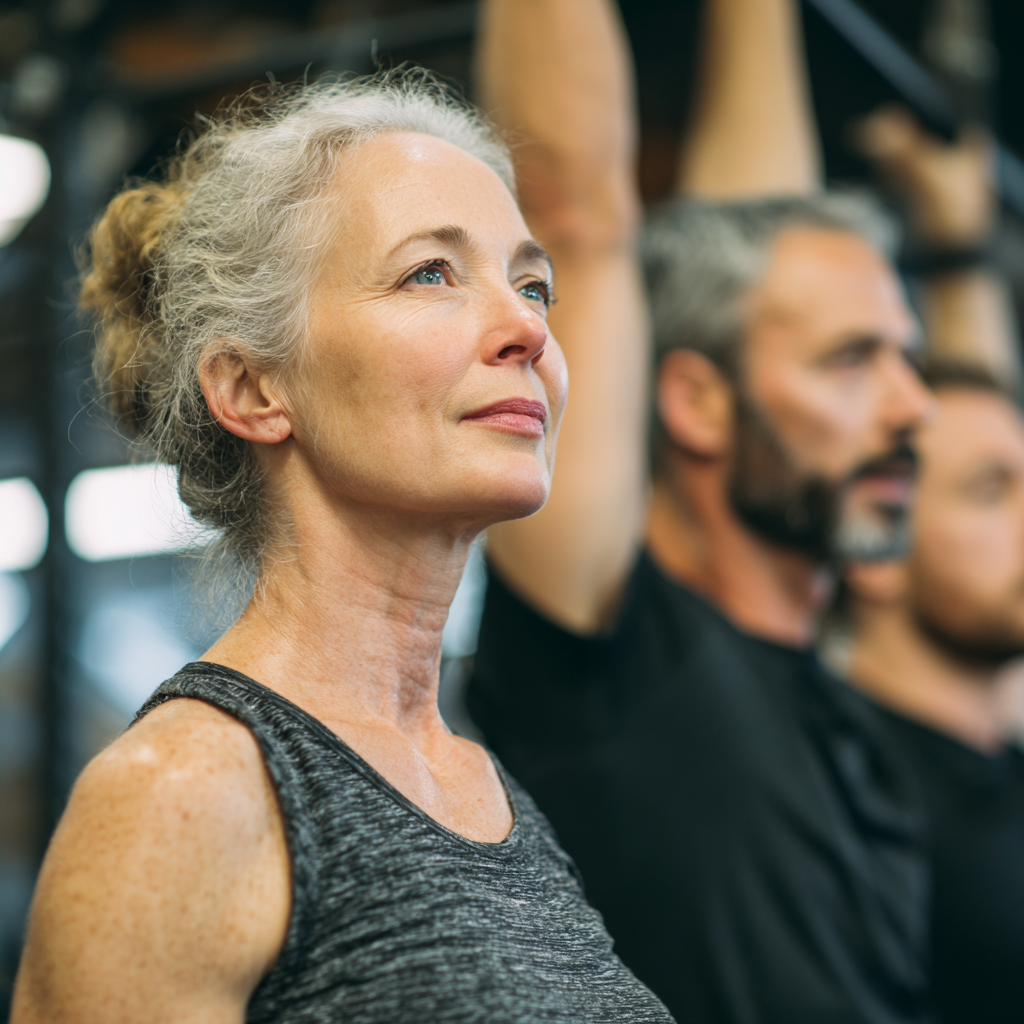 Middle-aged professionals participating in functional fitness group training session