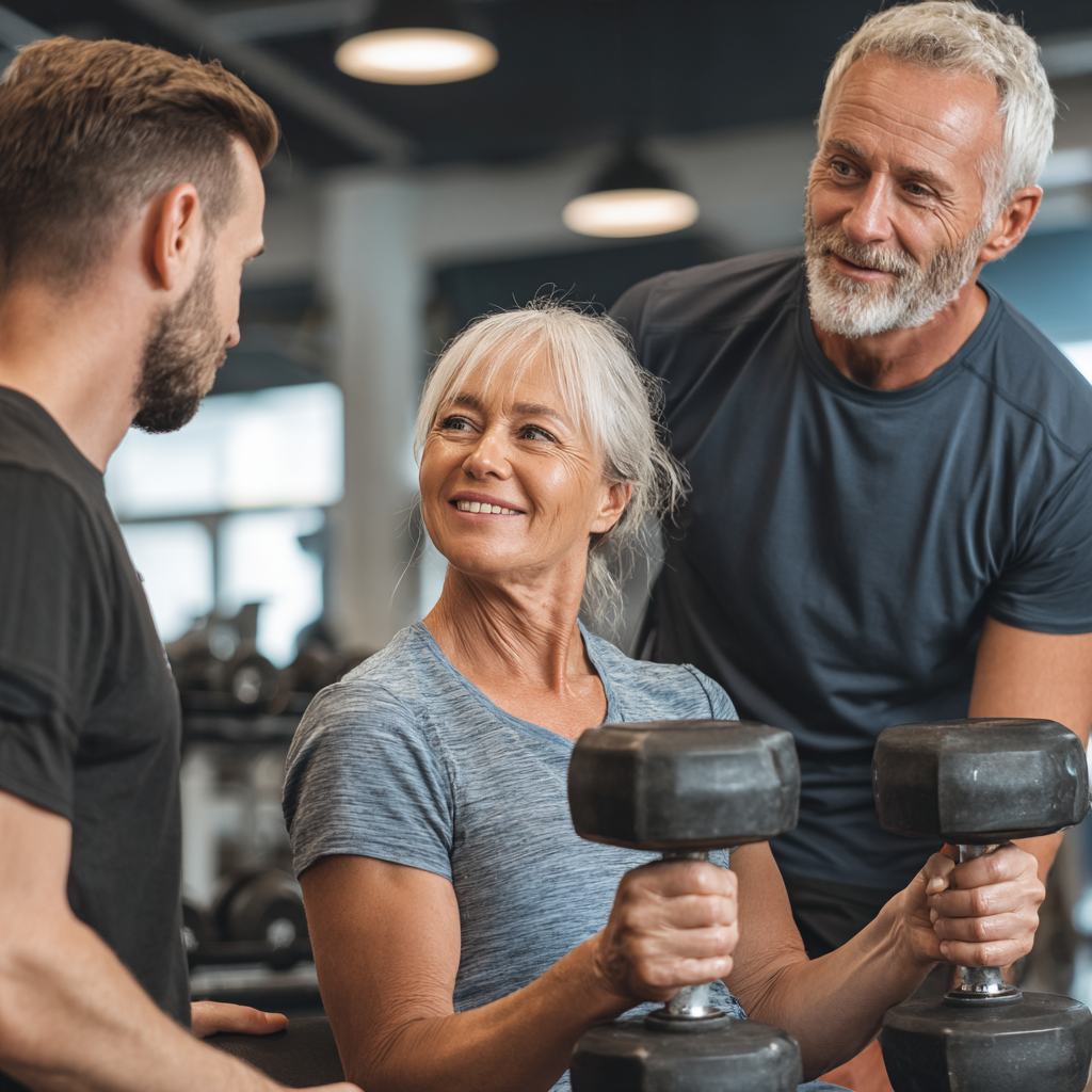 Professional fitness trainer providing guidance to mature adults during strength training session
